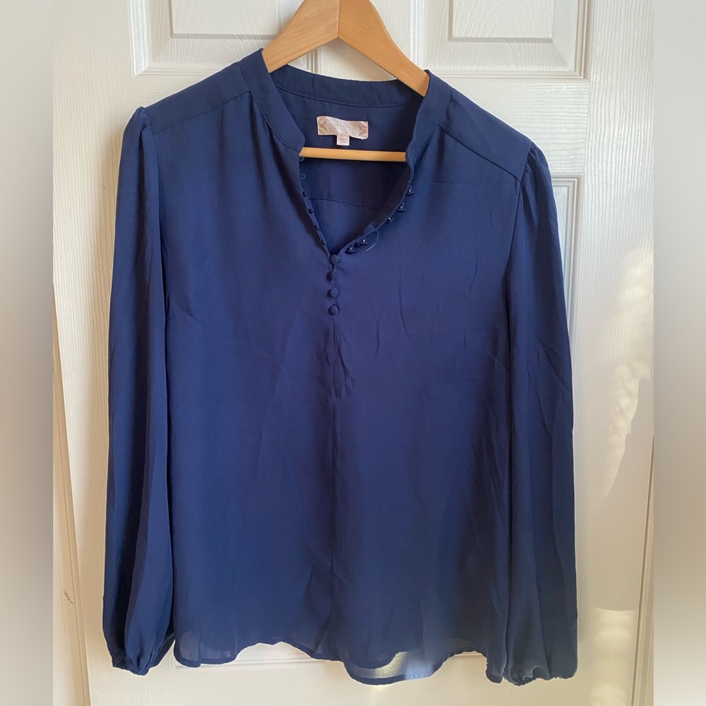 Nanette Lepore silky dark blue shirt with button collar in good condition